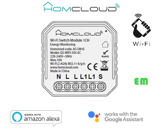 Modulo Interruttore con Monitoraggio Consumo Smart WiFi Compatibile con Alexa, Google e Smartphone AS-SM1E