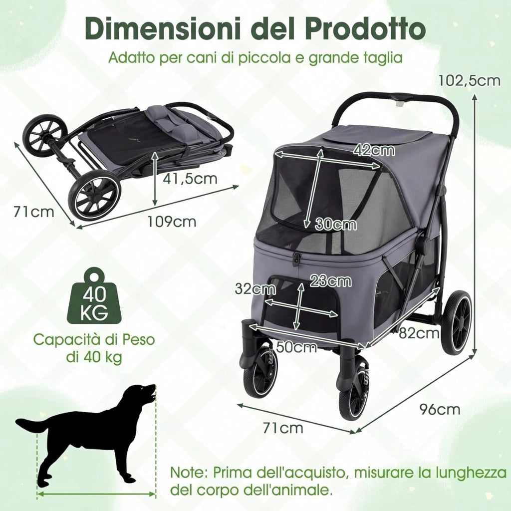 Passeggino Pieghevole per Cani, Carrozzina per Cani Fino a 40 kg con Entrata Bassa, Finestra Regolabile in Rete, Tasche Portaoggetti e Cintura di Sicurezza per Animali Tutte le Taglie (Grigio)