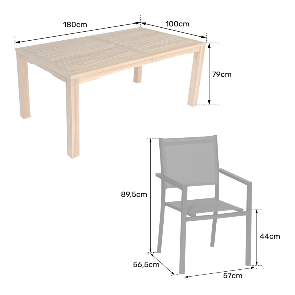 Set di mobili da giardino in teak JAVA con sedie in alluminio verde salvia - 8 posti a sedere