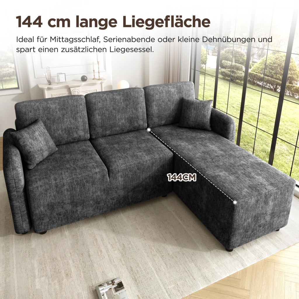 Divano angolare 3 posti a L in chenille nero; con chaise longue integrata e 2 cuscini