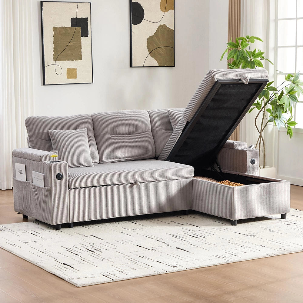 Divano moderno 3 posti - Xylo - Velluto costolato, spazio di archiviazione, porta bevande, USB-C, chaise longue idraulica, letto a cassetto