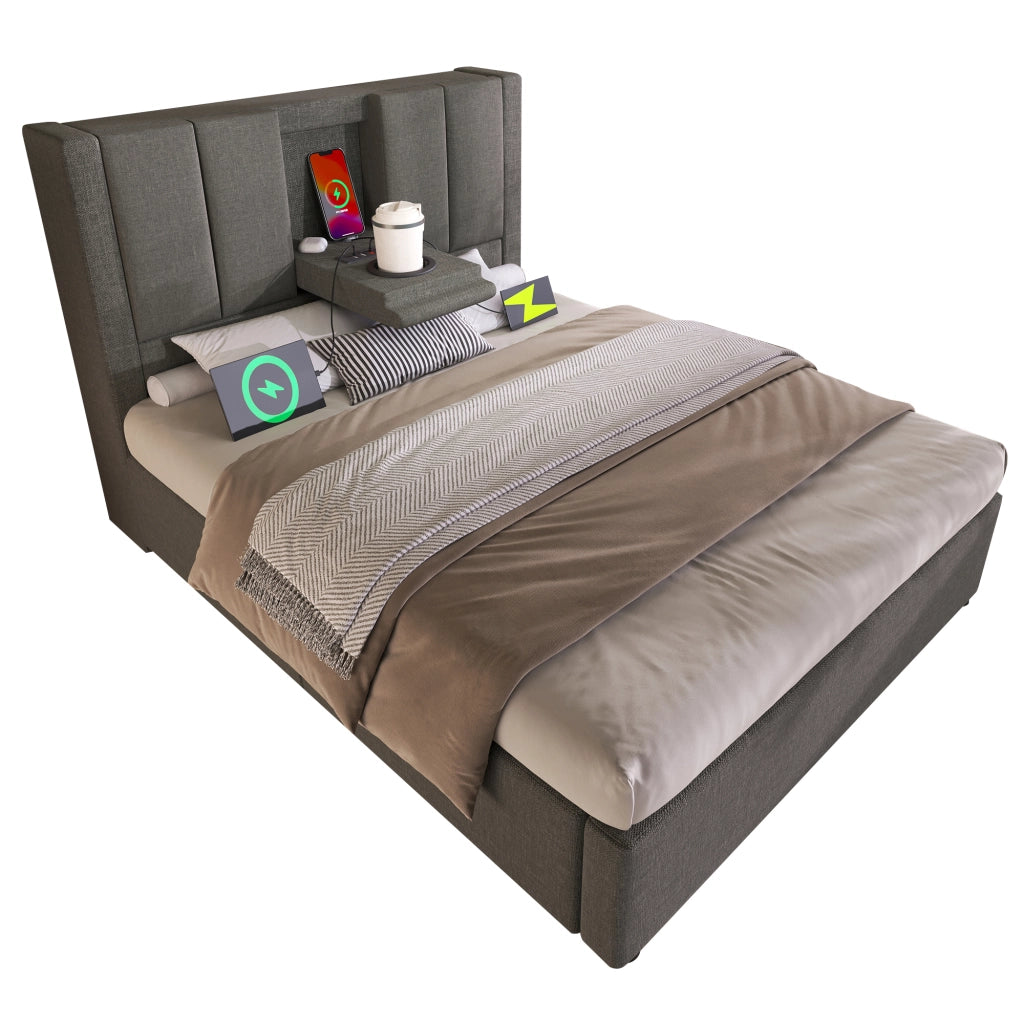 Letto imbottito 90x200 cm con portabicchiere nascosto e stazione di ricarica, contenitore idraulico, grigio