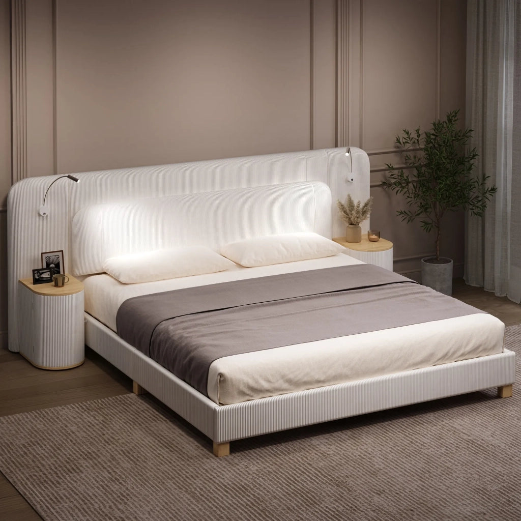 Letto 140x200 cm in velluto a coste beige, con comodino e lampada da notte