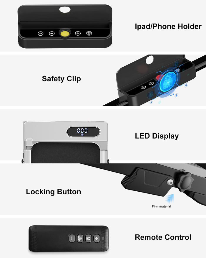 Tapis Roulant Elettrico Pieghevole 1-8 km/h - RATTANTREE - con Inclinazione, Display a LED, Supporto per App e Tablet - Portante 145kg - silver