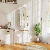 Specchio da Terra a Figura Intera 175,5x50 cm con Vassoio in Legno 4 Ganci e Cornice in Metallo per Soggiorno Camera Bianco