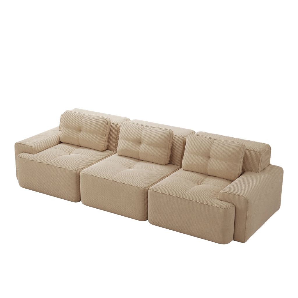 Divano modulare 3 posti; seduta profonda 74 cm; base antiscivolo; in velluto a coste beige