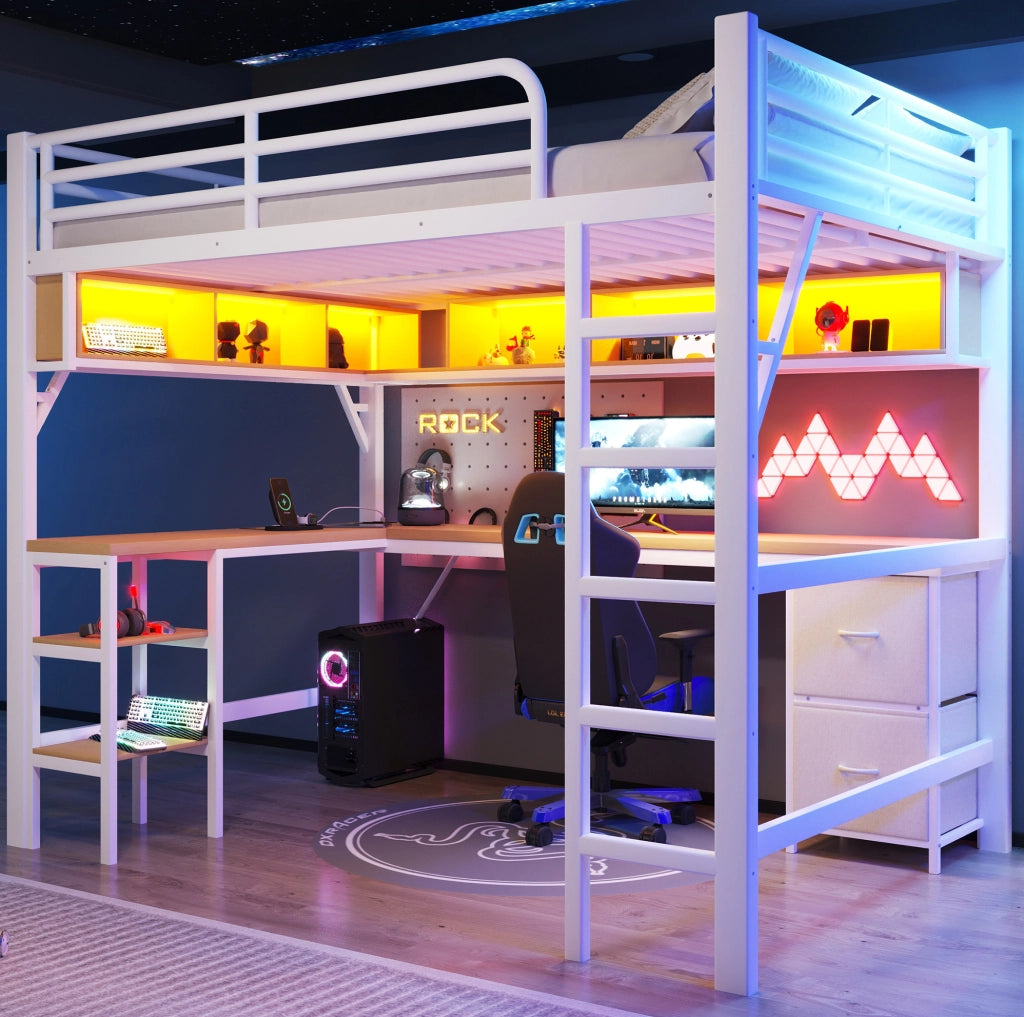Letto a soppalco 140x200 cm con scrivania; LED e libreria in MDF e metallo bianco