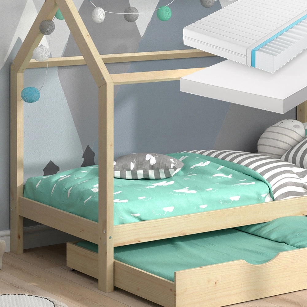 Vitalispa Letto montessori bambini Legno naturale 90x200 cm con letto per ospiti e 2 materassi