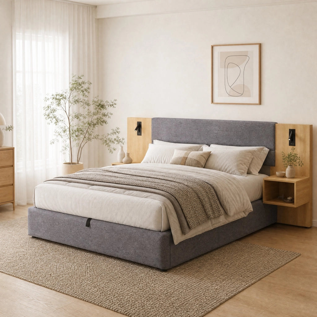 Letto contenitore 180x200 cm in velluto con USB, illuminazione, 2 comodini e rete a doghe