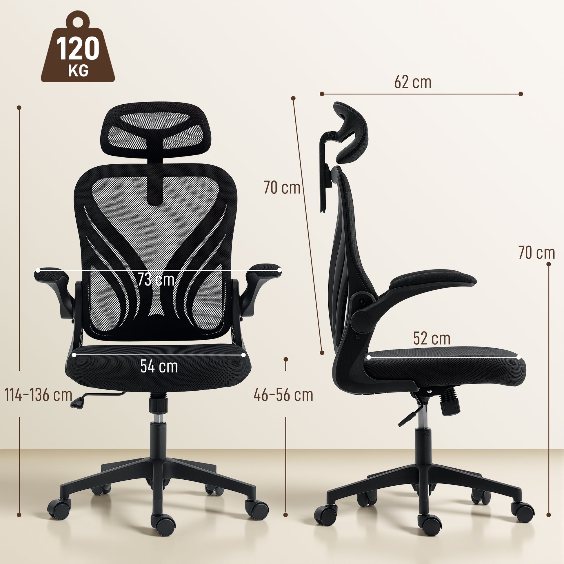 Sedia da Ufficio Ergonomica con Braccioli Ribaltabili Supporto Lombare e Poggiatesta Regolabile Nero