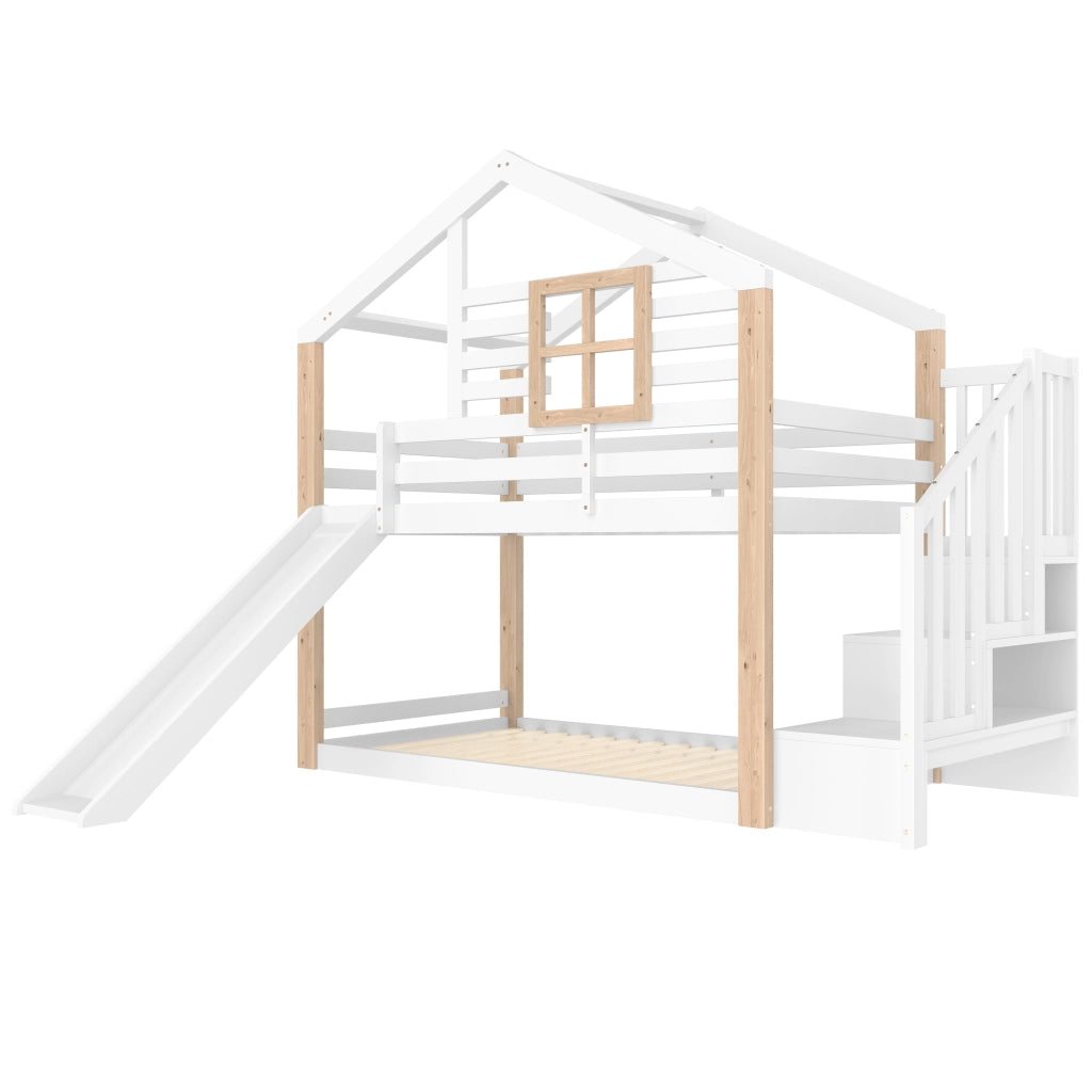 LETTO a castello con scivolo e scala, 90x200 cm, legno bianco
