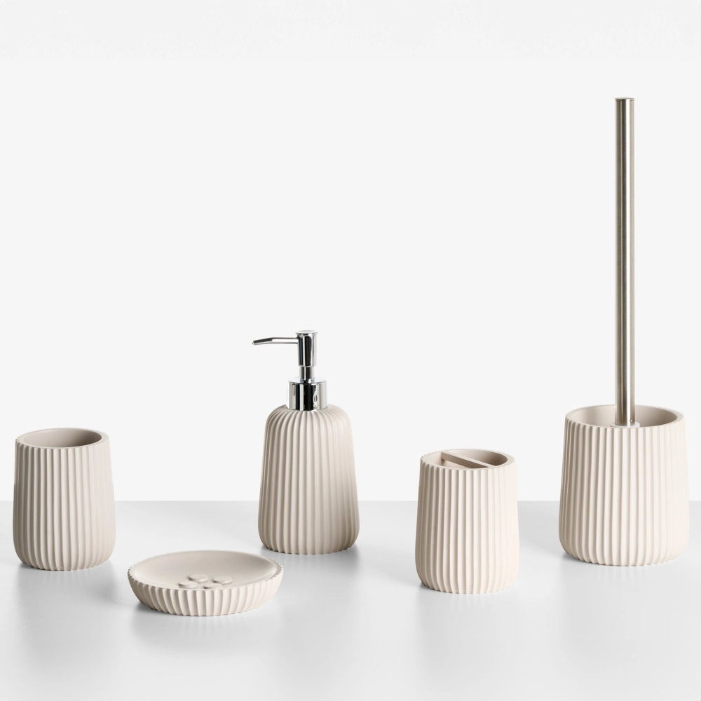 Set accessori bagno 5 pezzi portasapone, dispenser, porta scopino, bicchiere, porta spazzolini beige