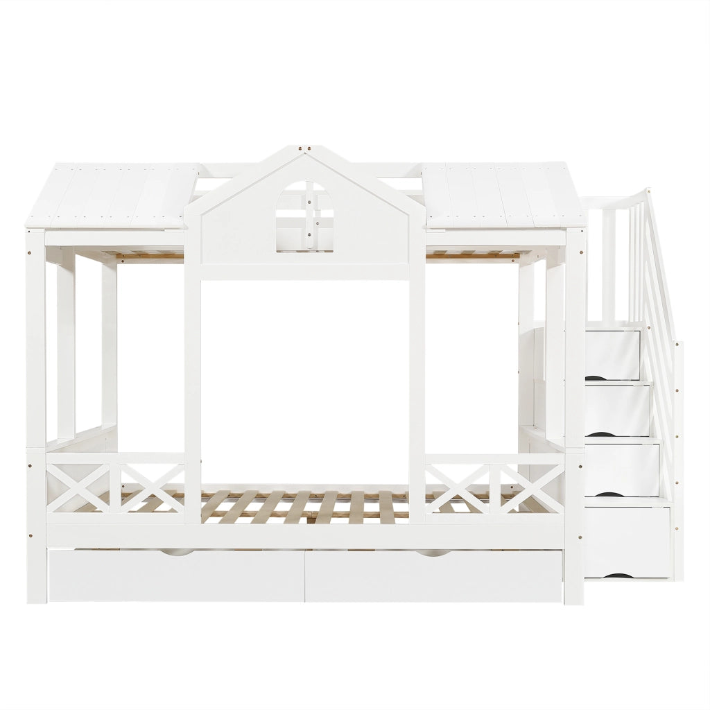 OKWISH Letto a castello 90×200 cm e 140×200 cm, Letto 3 Posti con 2 Cassetti, Mobile Scala e Design Casetta, senza Materasso