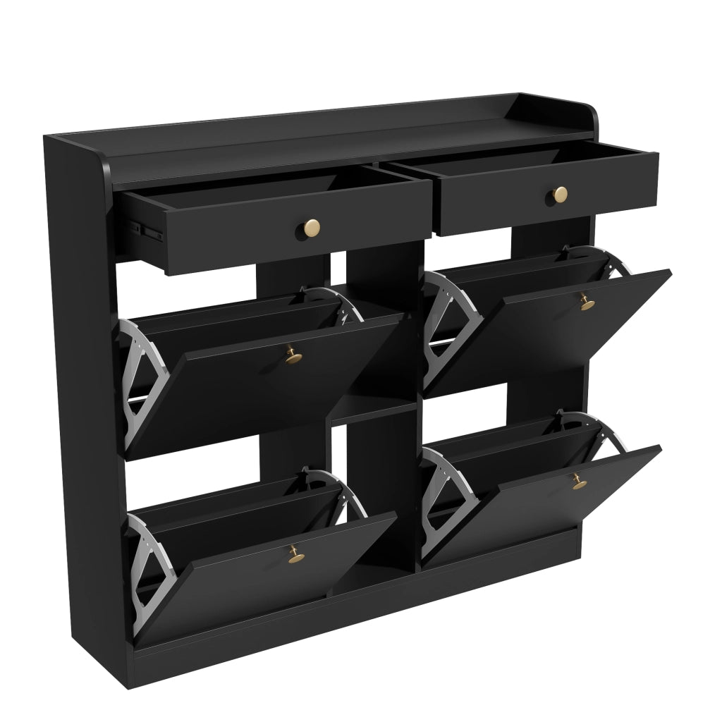 Mobile Scarpiera con 4 Ante a Ribalta; 2 Cassetti e 3 Vani a Giorno; Stile Minimalista; in Pannello truciolare; Nero; 110×26×100 cm