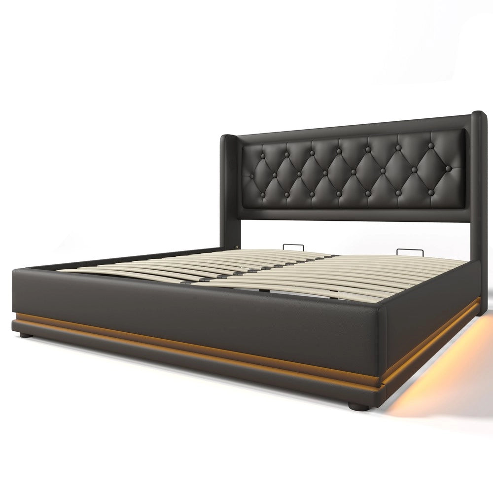 Letto Imbottito Contenitore Matrimoniale LED USB con Materasso ¨C MINIMAL ¨C Nero 140x200 Idraulico