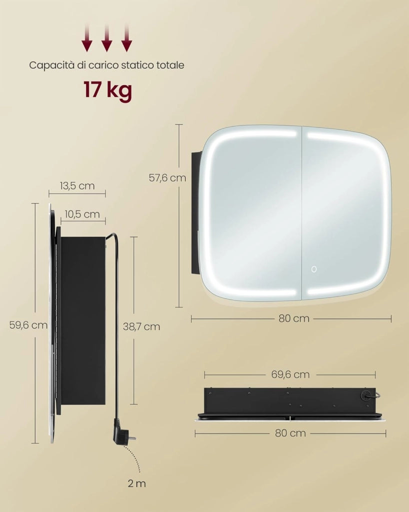 VASAGLE Armadietto Bagno da Parete con Specchio e Luce, Mobiletto Pensile Bagno con Stazione di Ricarica, 2 Ripiani Regolabili, Angoli Arrotondati, Nero Inchiostro BBK128B01V1