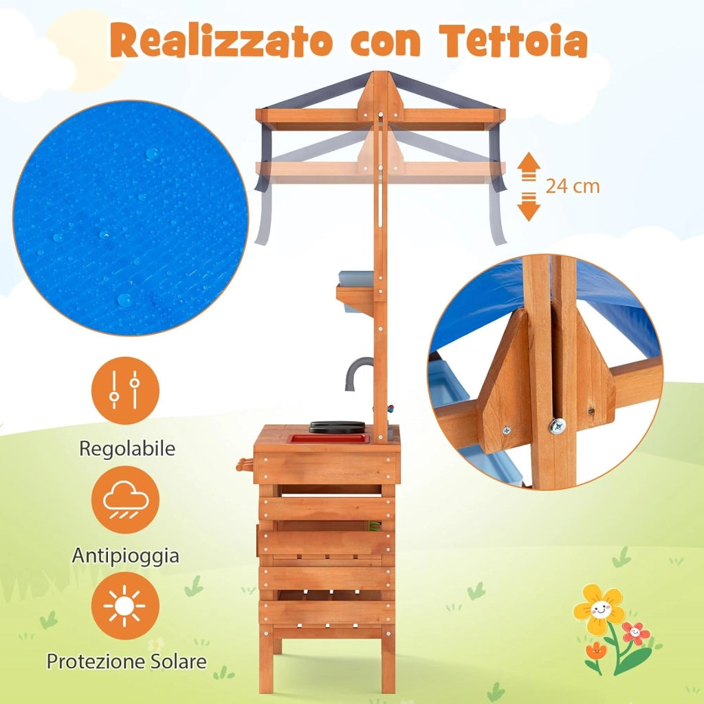 Cucina Giocattolo per Giardino con Attrezzi da Giardinaggio 2 in 1, Cucina per Bambini in Legno di Pino con Tettoia Regolabile, 4 Vasi e Lavagna, Set Cucina con 9 Accessori, 77 x 52 x 135 cm
