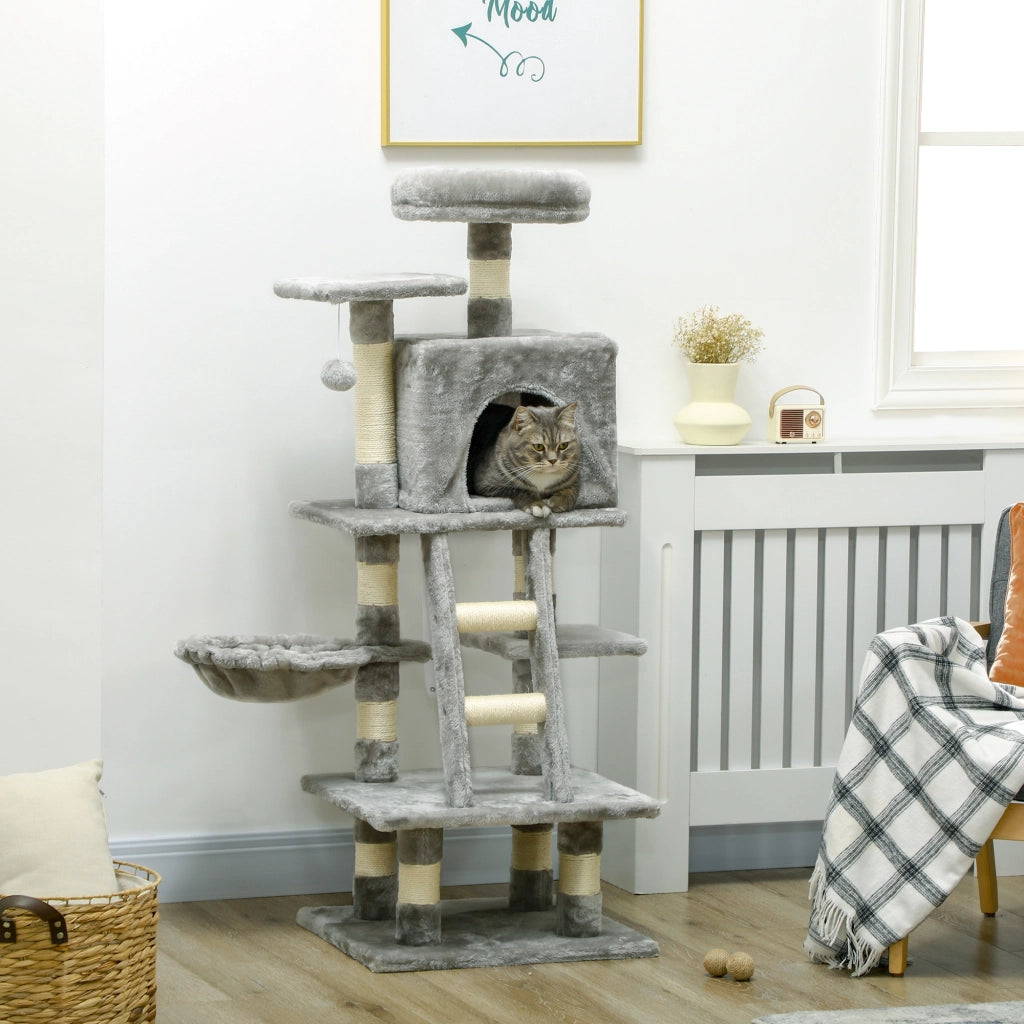 Albero per gatti con grattatoi, nicchie, piattaforme, scala e amaca ¨C zephmum ¨C grigio