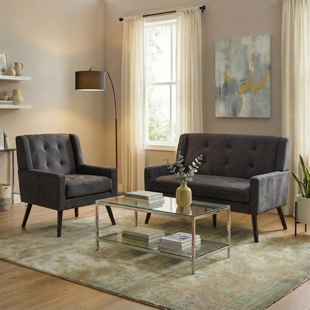 Fauteuil set 2 pezzi con cuscini in schiuma ad alta densità e gambe in legno massiccio grigio scuro