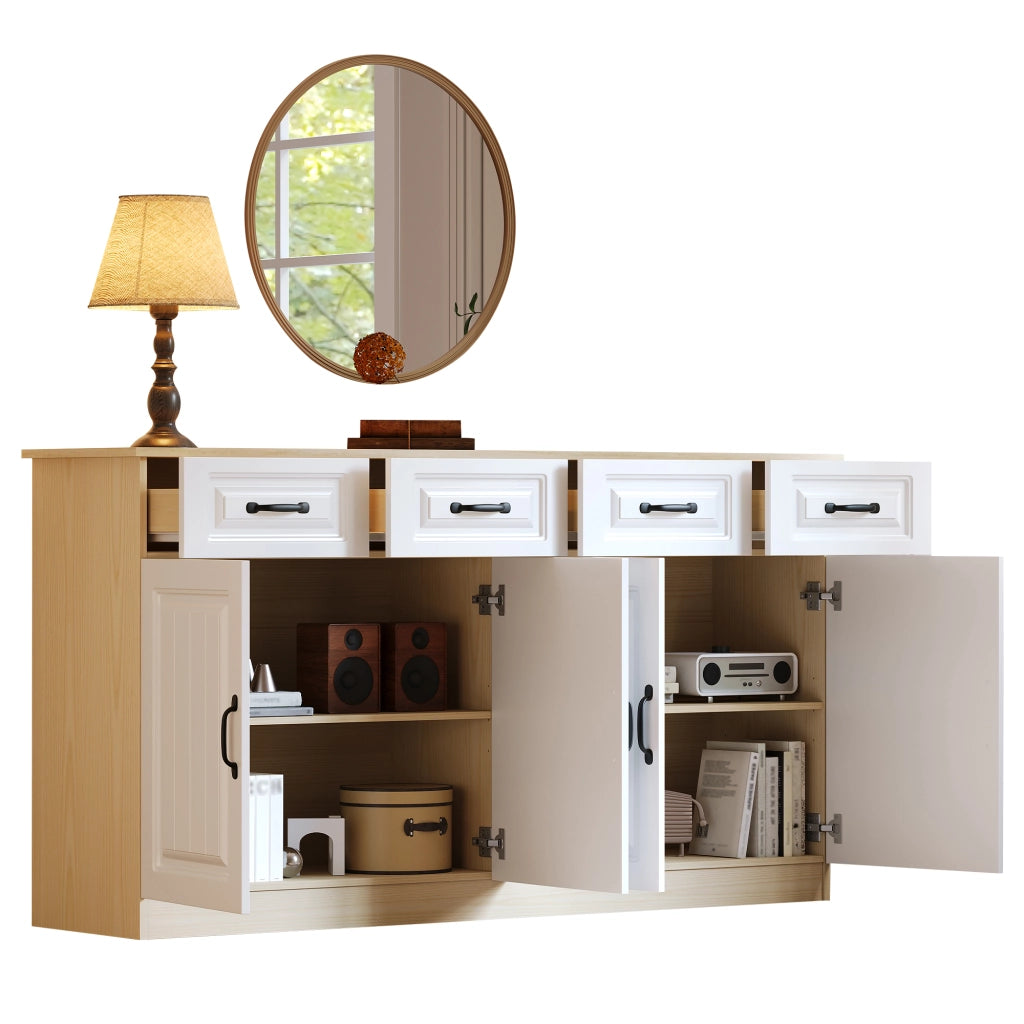 Credenza con 4 ante; 4 cassetti e ripiani regolabili per cucina in MDF 160 x 35 x 80 cm - bianco e naturale