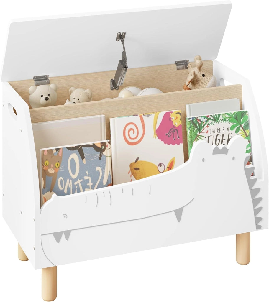 Panca Contenitore per Bambini, Contenitore Porta Giocattoli in Legno a Coccodrillo, Cassapanca con Scomparto Chiuso e Aperto, Bianco, 49,5x30x44,5cm