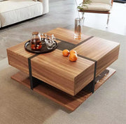Tavolino da caffè quadrato con 4 cassetti e ripiano inferiore; 78x78x36 cm in truciolare