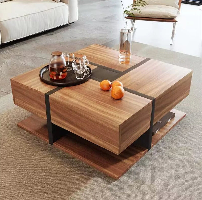Tavolino da caffè quadrato con 4 cassetti e ripiano inferiore; 78x78x36 cm in truciolare