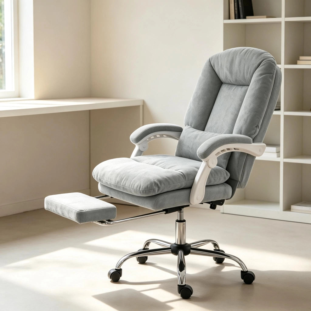 Sedia da ufficio ergonomica in velluto reclinabile fino a 155° con poggiapiedi e cuscino lombare grigio