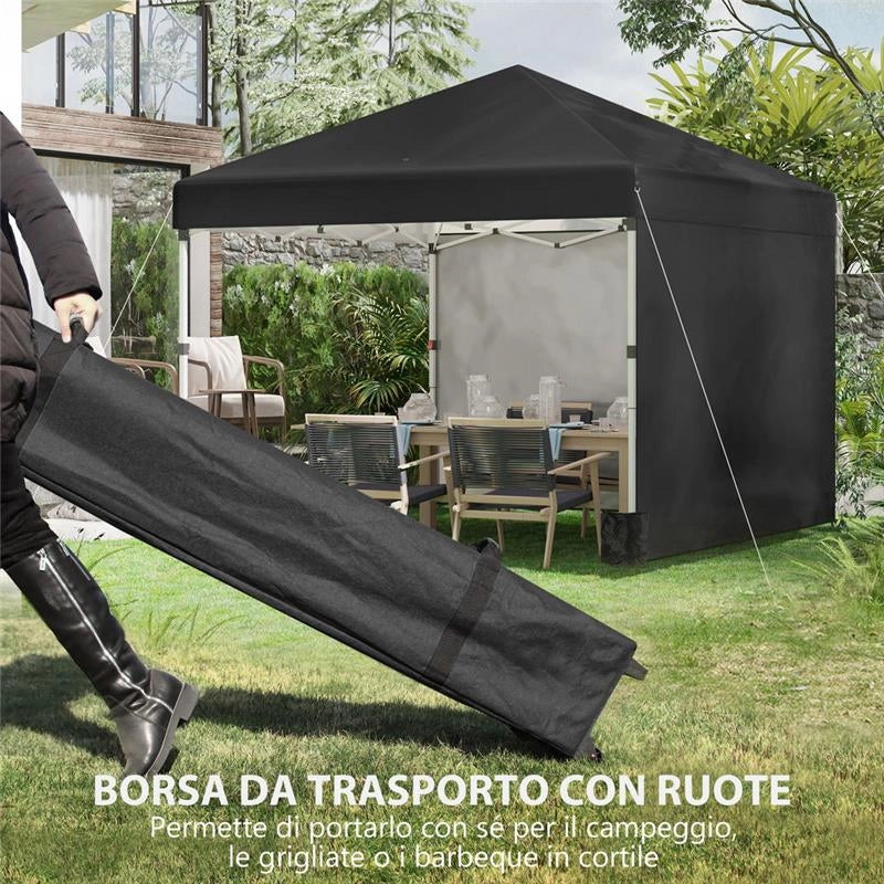 GAZEBO DA GIARDINO PIEGHEVOLE AD ALTEZZA REGOLABILE CON 2 PARETI E BORSA INCLUSA, 297X297X274 CM, NERO