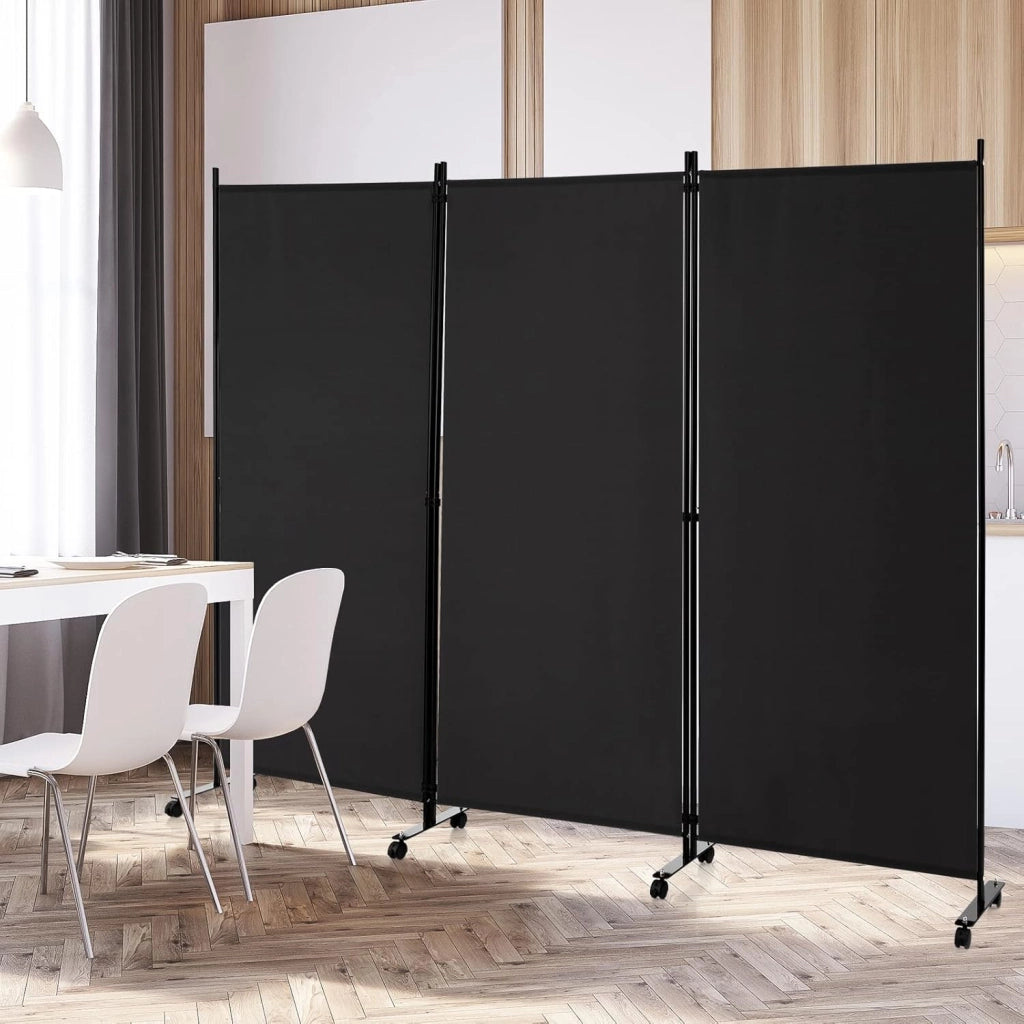 Paravento da Interno in Metallo, Separé Divisorio Interno Pieghevole con Piedini Stabili, Pannelli Divisori per Interni per Casa e Ufficio (Nero, 262 x 180 cm (3 Pannelli con ruote))