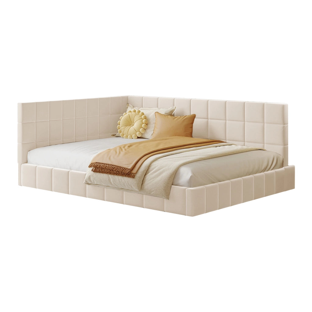 OKWISH Letto a Divano 140×200 cm, Letto Matrimoniale con Schienale Reversibile e Bracciolo, senza Materasso, in Tessuto Imbottito, Beige