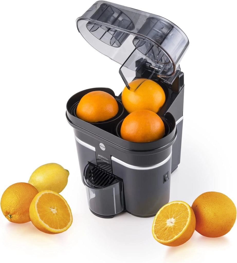 scorri sopra l'immagine per ingrandirla        video macom 853a spremiagrumi elettrico che permette di preparare spremute in pochi secondi. dotato di sistema taglia e spremi, 90 w, 46 decibel, plastica, nero/argento