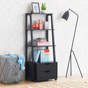 Scaffale a Libri con 4 Livelli, 4 Cassetti in Legno Moderno, Organizzatore con Porte, Armadio per Bagno, Piattaforma per Piante, Mobili per Ufficio Casa, Nero