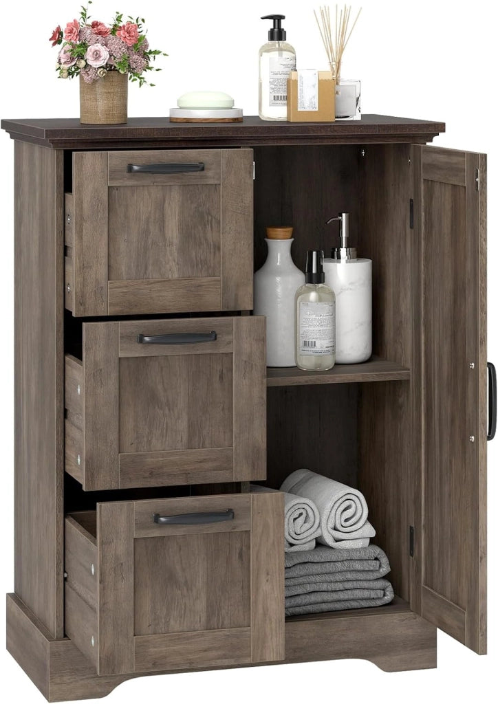 Mobiletto da Pavimento in Legno, Organizzatore per Conservazione Rustico con Porta da Fienile e 3 Cassetti, Buffet Laterale Autonomo per Cucina, Soggiorno, Sala da Pranzo (Grigio)