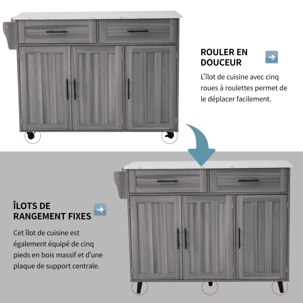 Carrello da cucina con 2 cassetti e 3 vani; piano estensibile; porta asciugamani e ruote in MDF per cucina