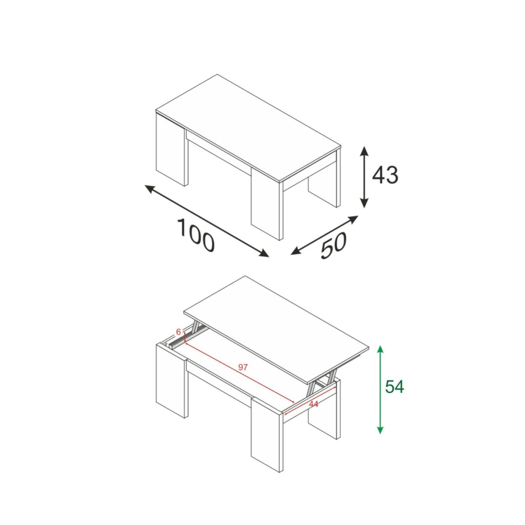 Tavolino da salotto Almo, Tavolino da caffè con piano elevabile, Tavolo basso da soggiorno, cm 100x50h43/84, Rovere