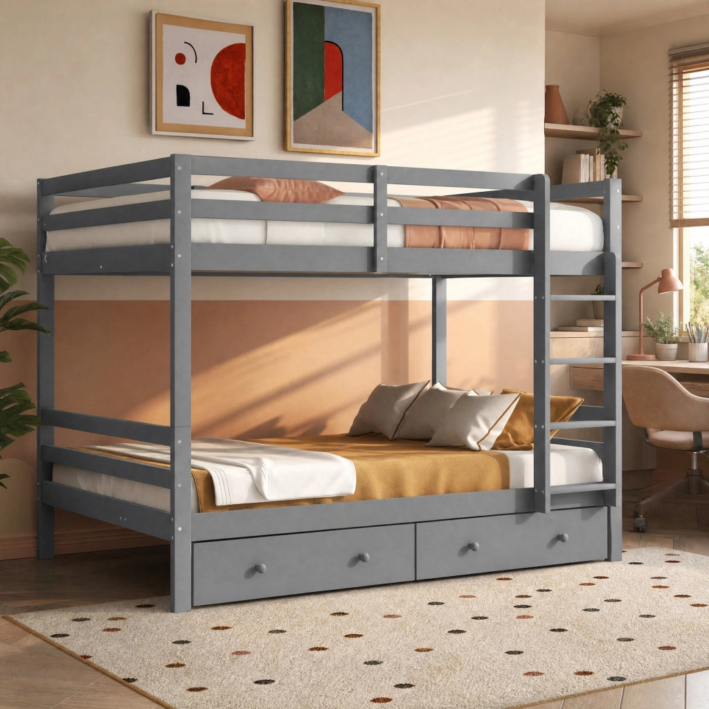 Letto a castello in legno di pino e MDF 140x200 cm grigio con cassetti e scala