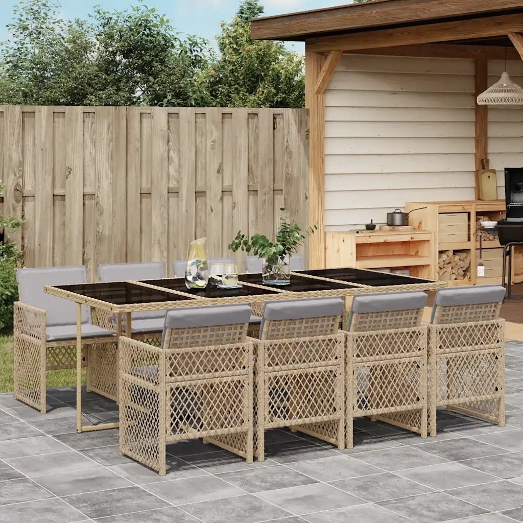 Set da Pranzo da Giardino 9 pz con Cuscini Beige in Polyrattan