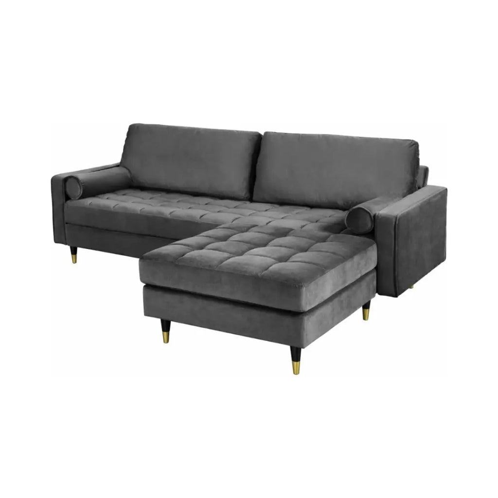Divano ad angolo reversibile KOLIRI grigio – Divano design in velluto con pouf abbinato