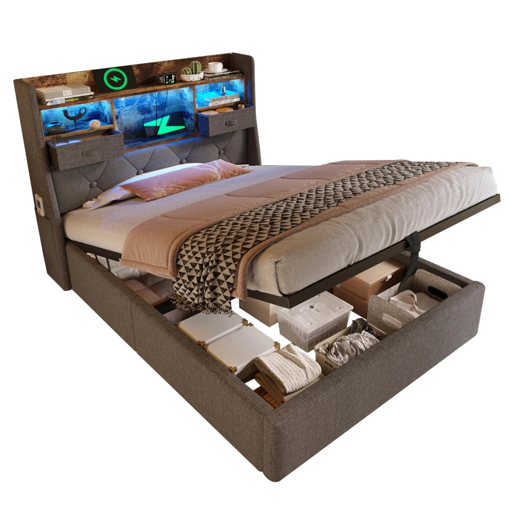 Letto matrimoniale singolo 90x200 cm con contenitore, LED e prese di ricarica, materasso incluso