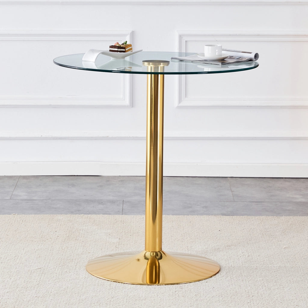 Tavolo da bar rotondo con piano in vetro trasparente e base in metallo, per casa e locali, oro trasparente, Ø 89 × 92 cm