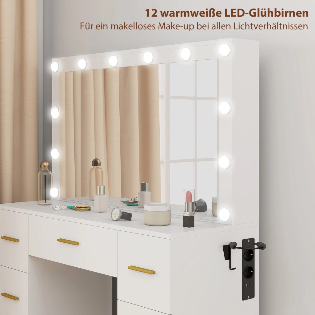 Tavolo da trucco con specchio e 12 luci LED, cassettiera con 7 cassetti e 6 scomparti nascosti ¨C zephmum ¨C Bianco