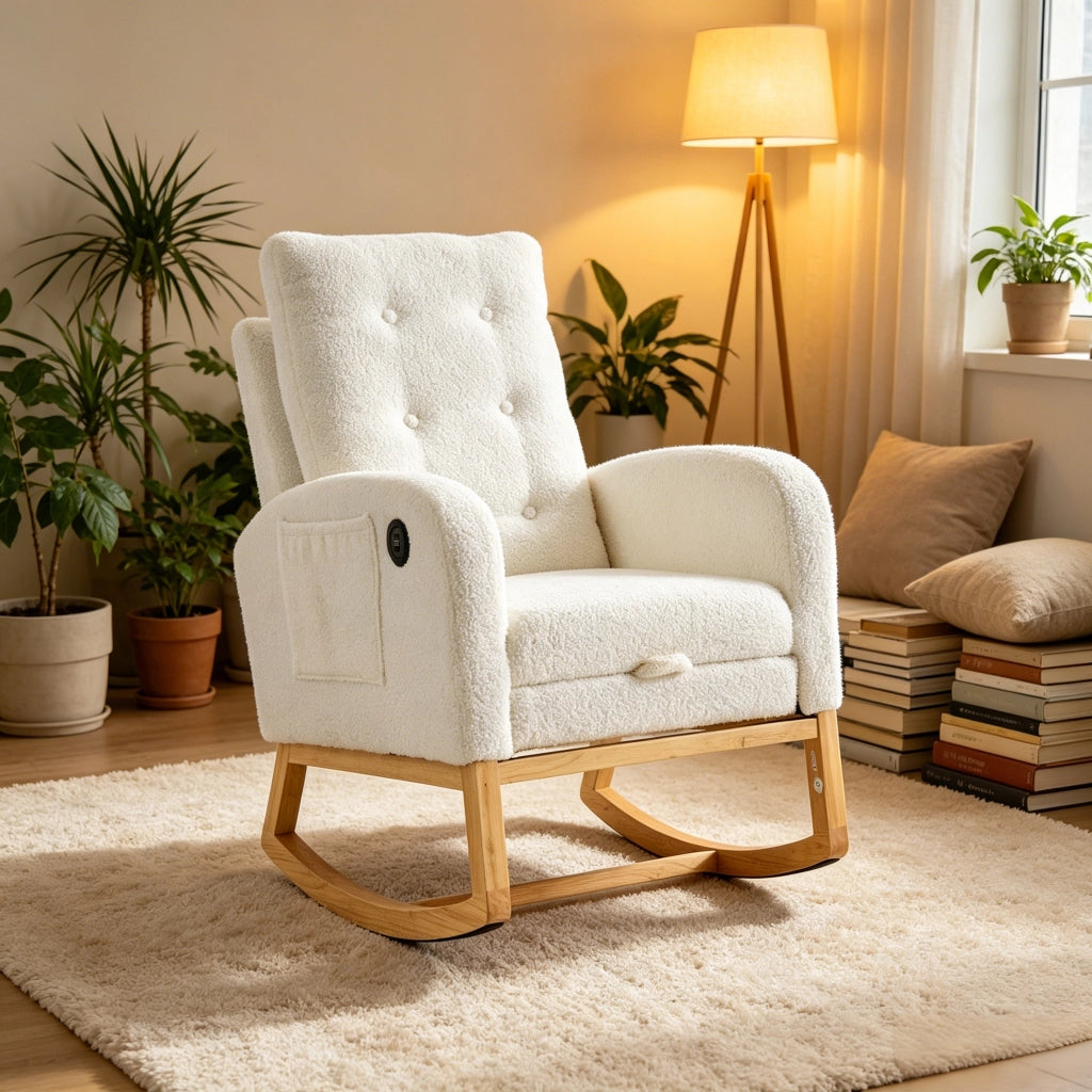 Sedia a dondolo, sedia a dondolo per l'allattamento, tessuto Bookley, con presa di ricarica, 66.5 x 121.5 x 102 cm, bianca