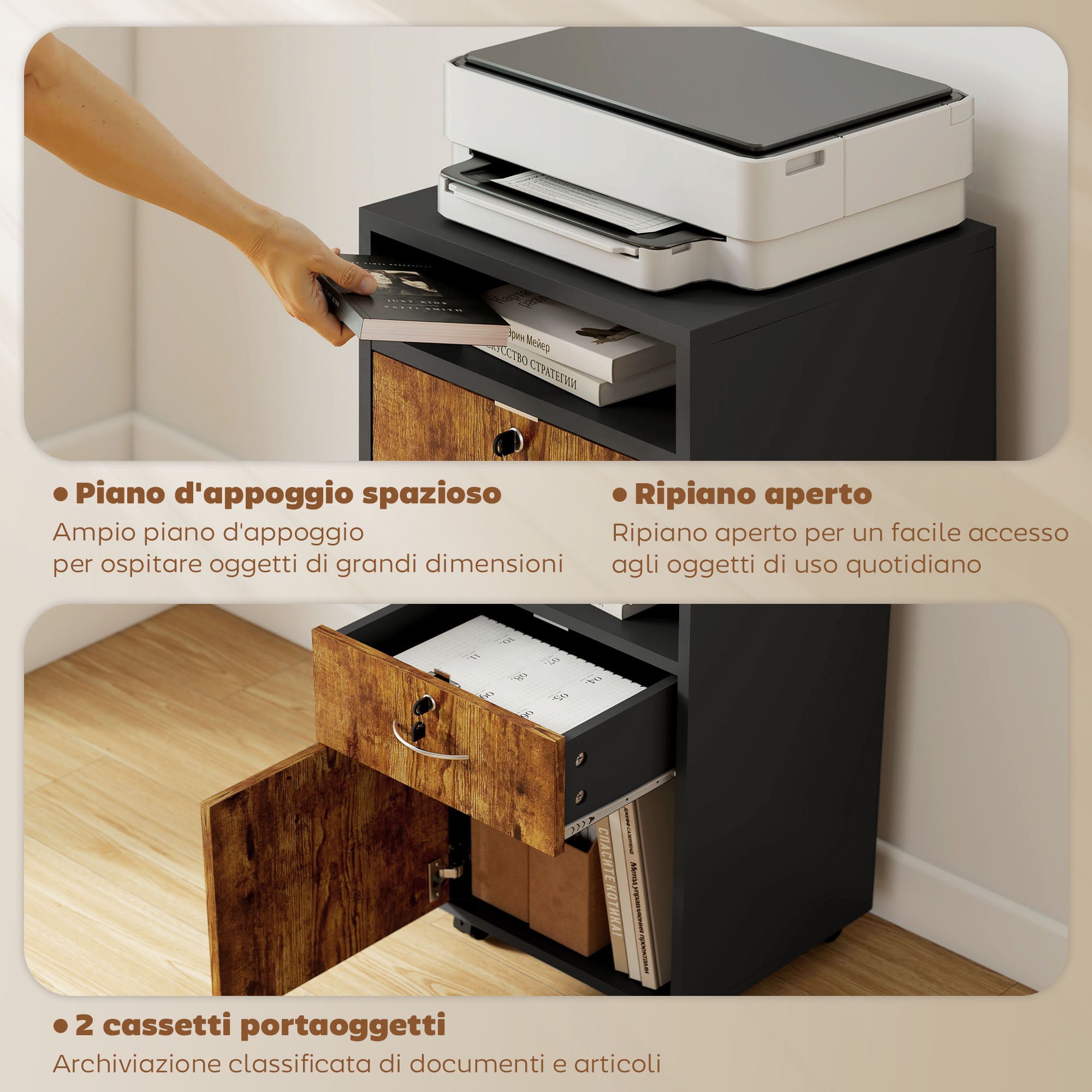 Mobiletto Ufficio con Cassetto e Ruote 40x35x60 cm in Legno Marrone