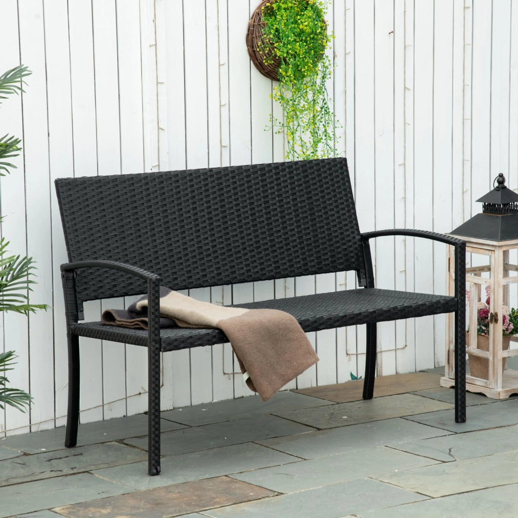 OKWISH Panchina da Giardino 2 Posti, per Interni ed Esterni con Schienale Confortevole, Acciaio e Polyrattan, Nero