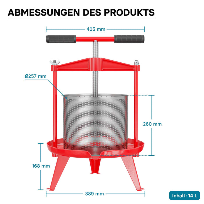 Torchio frutta da 14 litri, cestello in acciaio inox, con treppiede e beccuccio