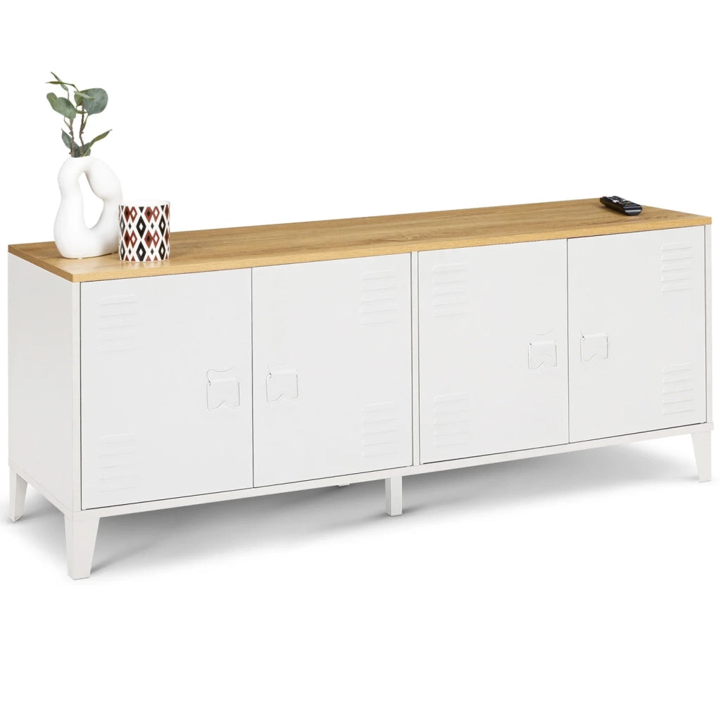 IDMarket - Credenza bassa ESTER 140 cm con 4 ante in metallo bianco e piano in legno dal design industriale