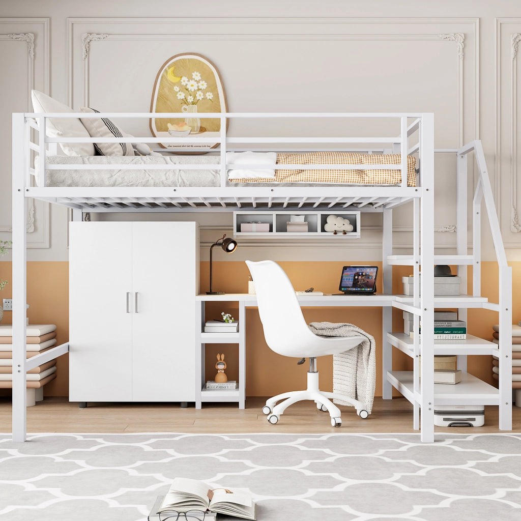 OKWISH Letto a Soppalco 140×200 cm, Letto Matrimoniale con Armadio, Scaffali, Scala con Contenitore e Scrivania, senza Materasso, Bianco
