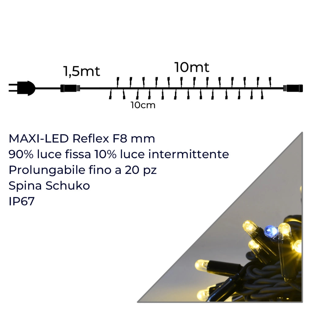 CATENA LUMINOSA PROFESSIONALE 100 MAXI-LED F8 CAVO NERO LUCE CALDA FISSA E BIANCA INTERMITTENTE - IDEALE PER FESTE MATRIMONI E GIARDINI