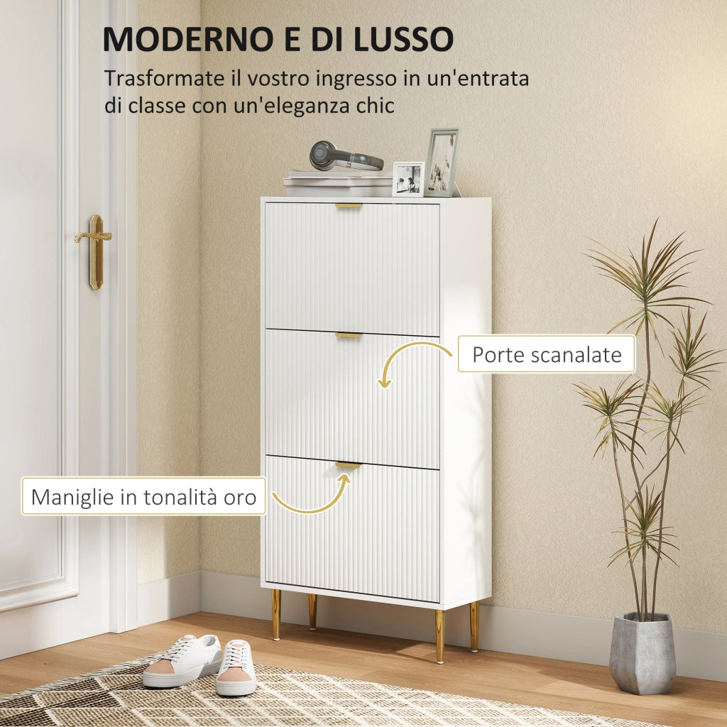 Scarpiera Slim per 18 Paia di Scarpe 60x24x128 cm con 3 Cassetti a Ribalta in MDF Bianco